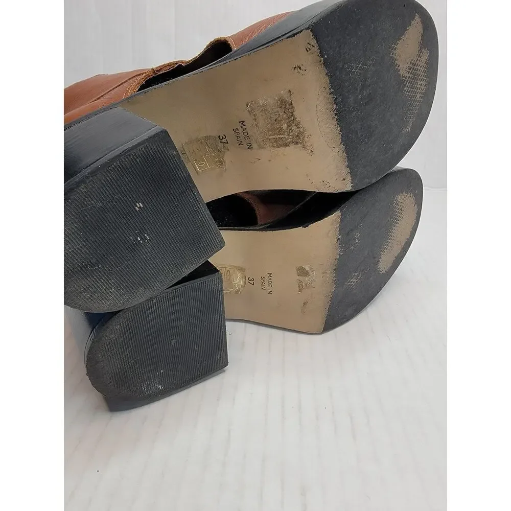 TopShop Booties Sz. 37 6.5 Chunky Heel Cutout Ankle Boots Leather Tan Lace Up